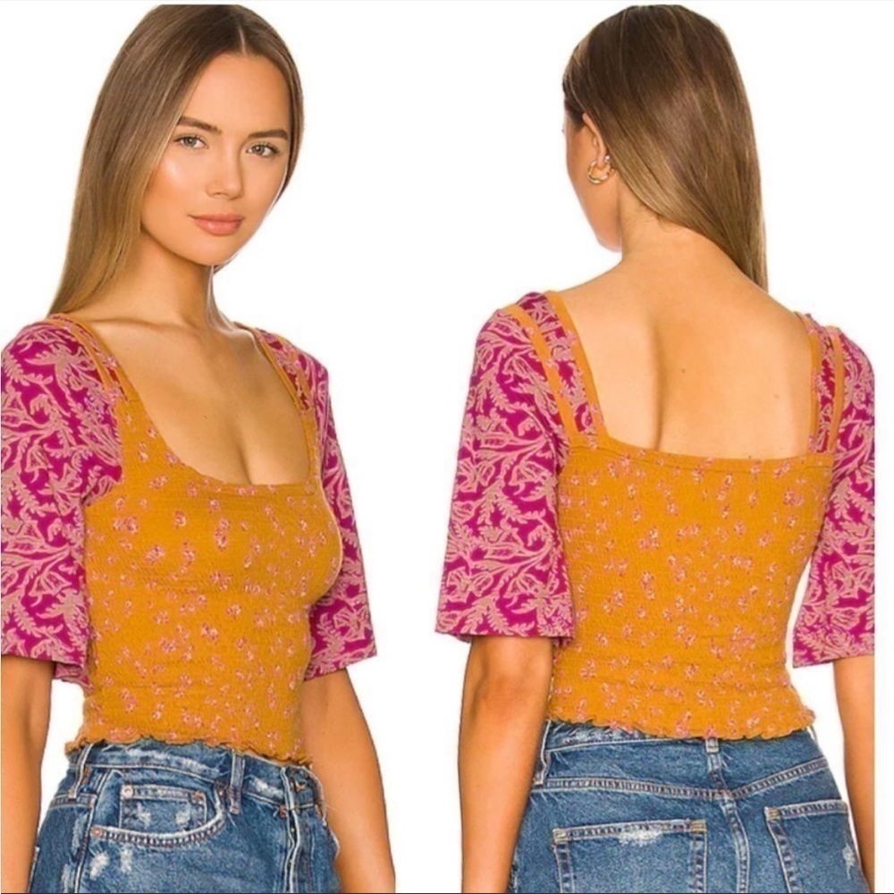 Free People Marigold Tee in Golden Combo Smocked Top